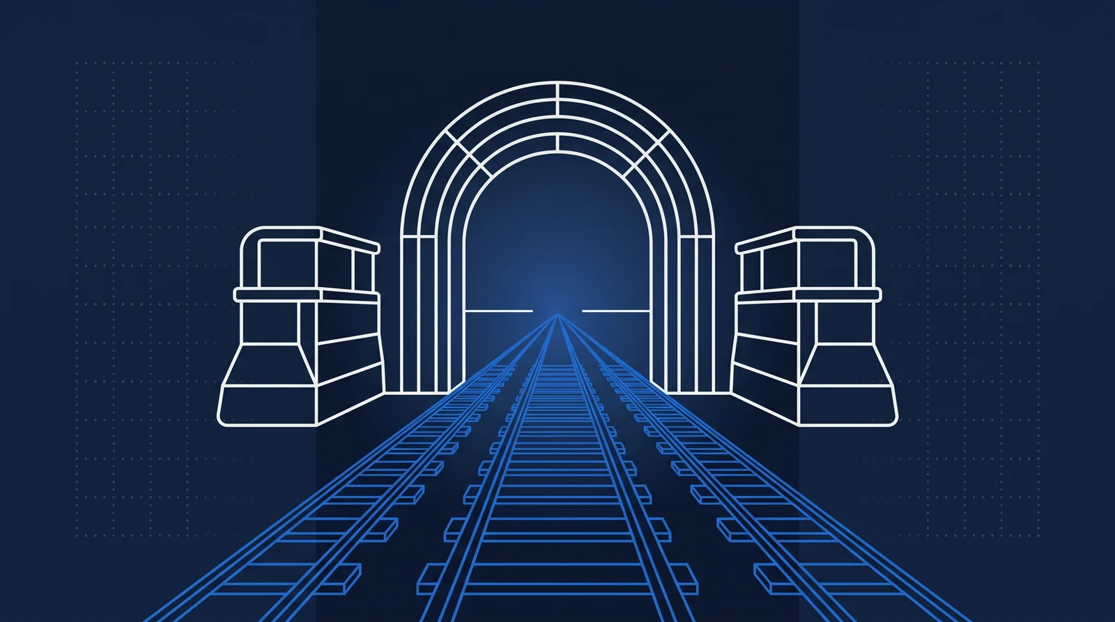 Illustration: an arched city gate flanked by two bastions, with railway tracks running through it toward the horizon.